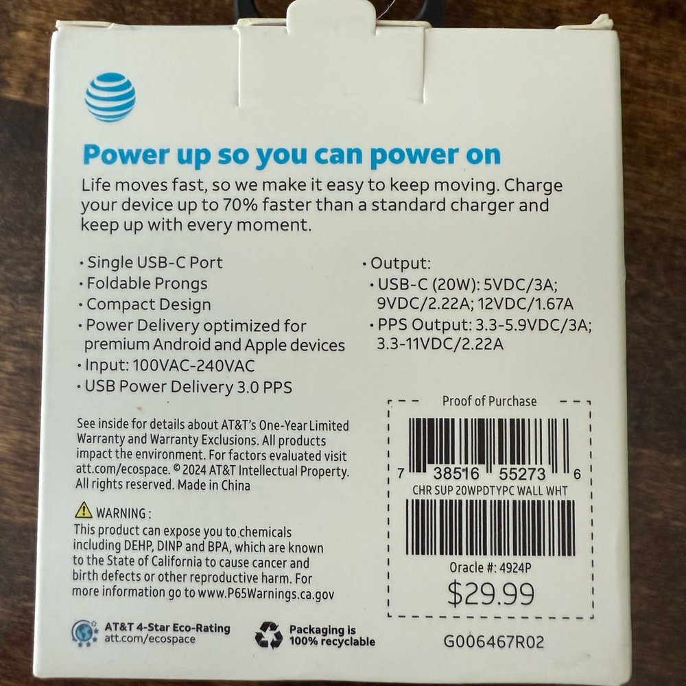 AT&T White USB-C Wall Charger 20W Fast Charge - Picture 2 of 3